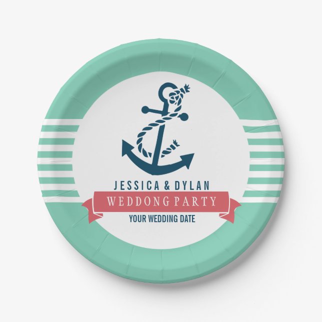 Navy Blue Nautical Boat Anchor White Stripes Paper Plates (Front)