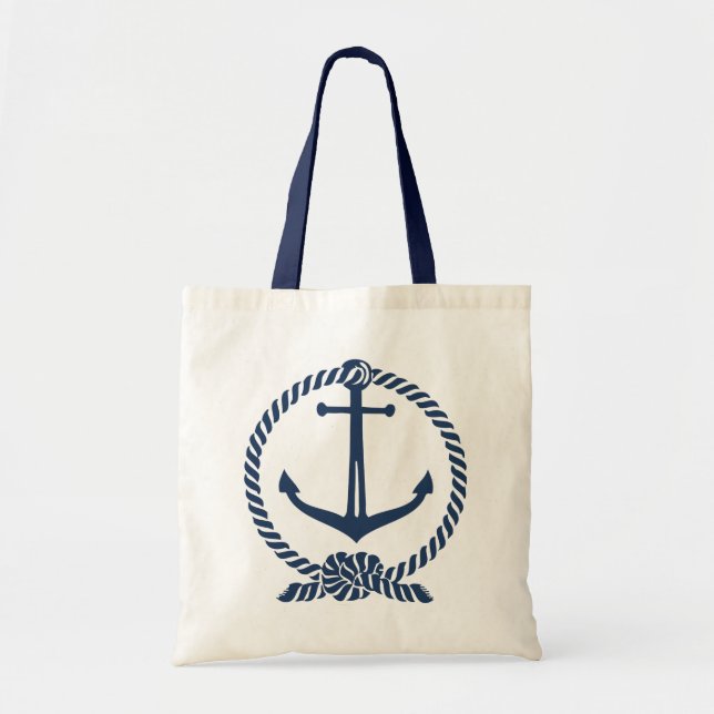 Navy Blue Nautical Boat Anchor With Rope Knot Tote Bag (Front)