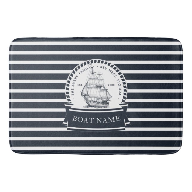 Navy Blue Nautical Boat Personalized Bath Mat (Front)