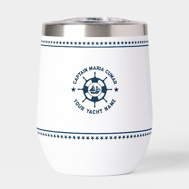 Navy Blue Nautical Boat Wheel Blue Stars Thermal Wine Tumbler (Front)