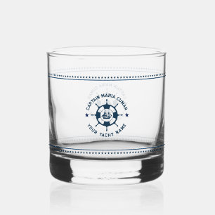 Navy Blue Nautical Boat Wheel Blue Stars Whiskey Glass