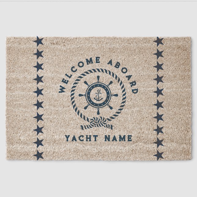 Navy Blue Nautical Boat Wheel Knot Stars Fiber Doormat (Front)