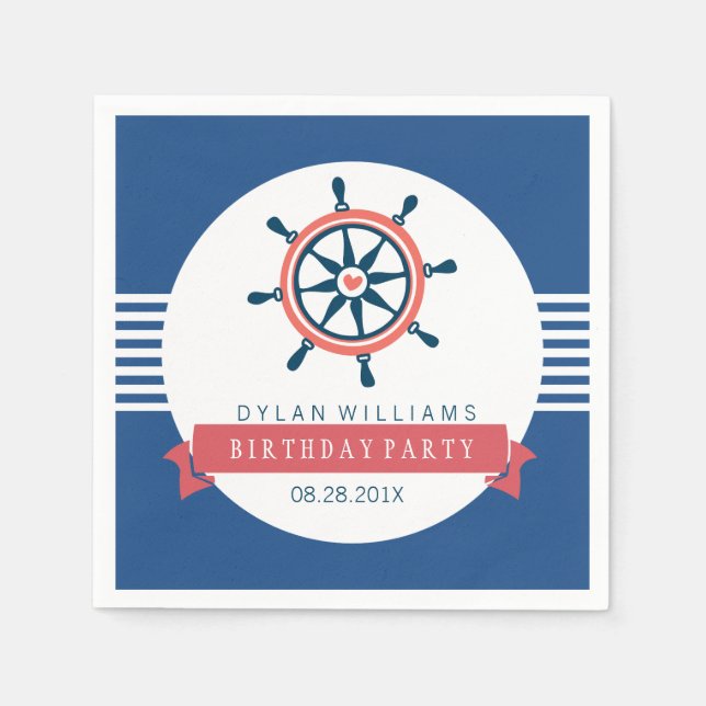 Navy Blue Nautical Boat Wheel & Stripes Napkins (Front)