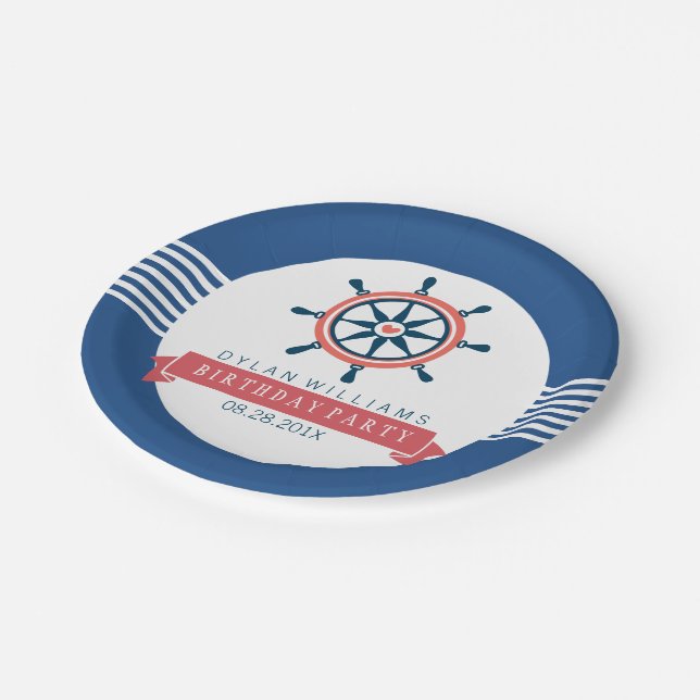 Navy Blue Nautical Boat Wheel & Stripes Paper Plates (Angled)