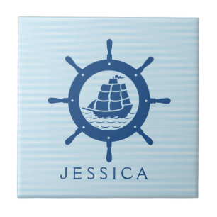 Navy Blue Nautical Boat Wheel Tile