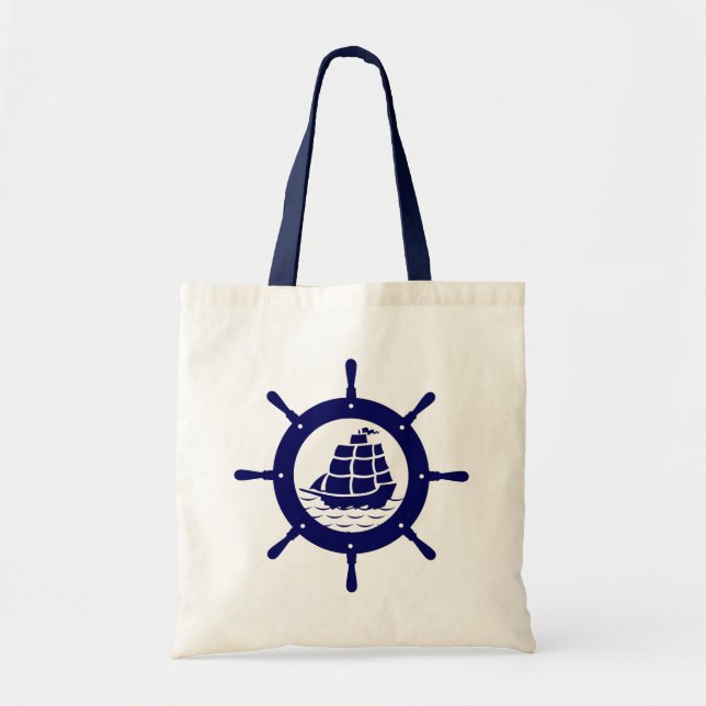 Navy Blue Nautical Boat Wheel Tote Bag (Front)