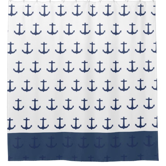 Navy Blue Nautical Classic Anchor Shower Curtain (Front)