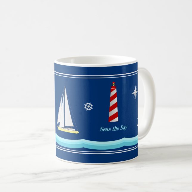Navy Blue Nautical Coffee Mug for Boat Lovers (Front Right)