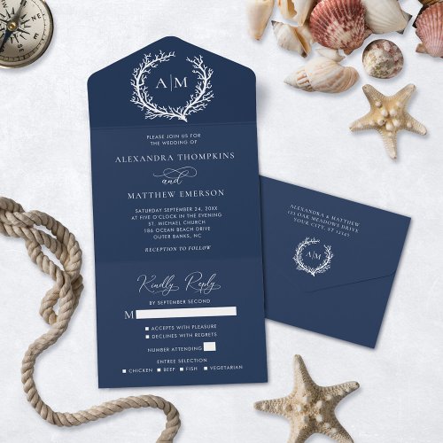 Navy Blue Nautical Coral Reef Wedding All In One Invitation