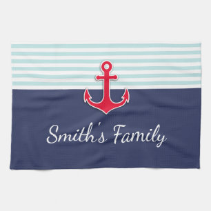 Navy Blue Nautical Design Custom Family Name Towel