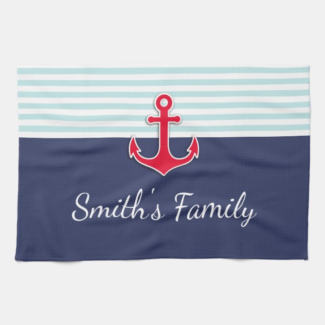 Navy Blue Nautical Design Custom Family Name Towel (Horizontal)