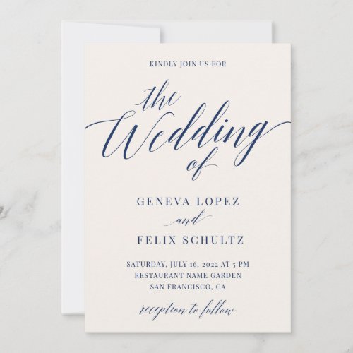Navy Blue Nautical Elegant Calligraphy Wedding Inv Invitation