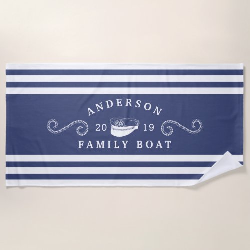 Navy Blue Nautical Family Boat Boating Captain Beach Towel