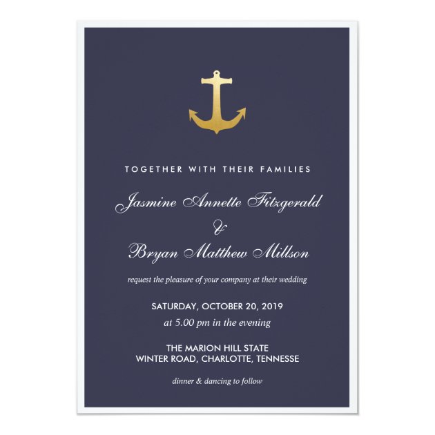 Navy Blue Nautical Faux Gold Foil Anchor Wedding Invitation