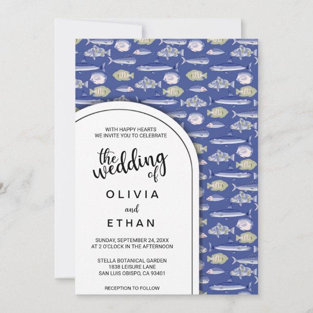 Navy blue nautical fish pattern Wedding Invitation (Front)