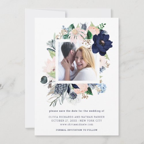 Navy Blue Nautical Floral and Stripes  Photo Save The Date
