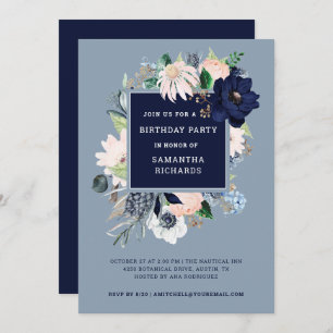 Navy Blue Nautical Floral Birthday Party Invitation