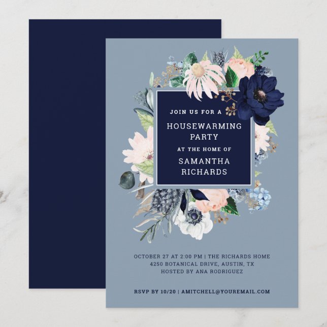 Navy Blue Nautical Floral | Housewarming Party Invitation (Front/Back)