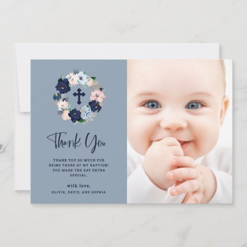Navy Blue Nautical Floral  Photo Baptism Thank You Card