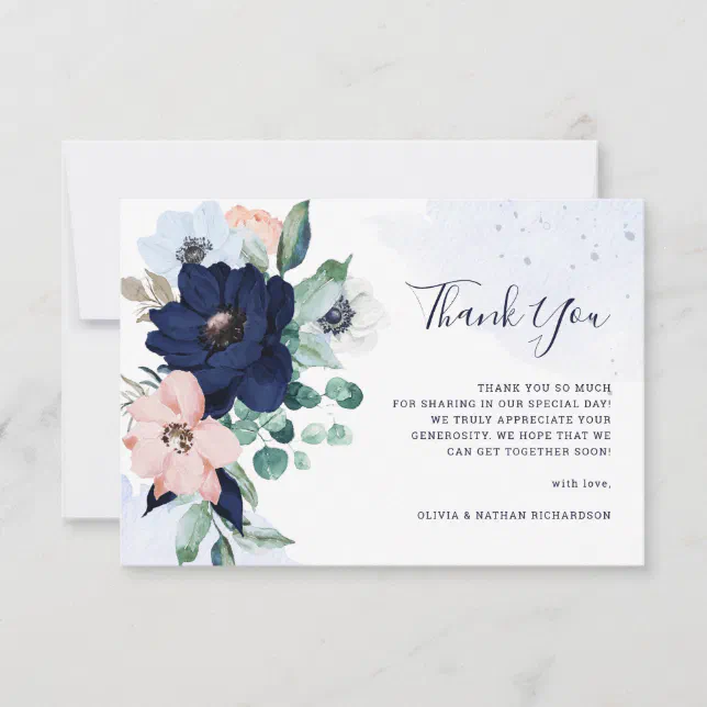 Navy Blue Nautical Flowers Wedding Thank You Card | Zazzle