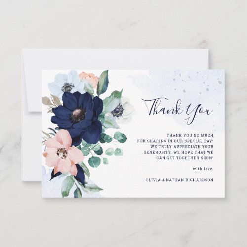 Navy Blue Nautical Flowers Wedding Thank You Card