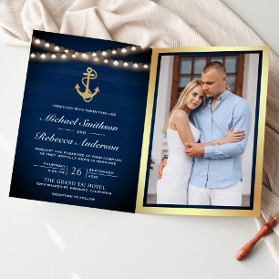 Navy Blue Nautical Gold Anchor QR Code Wedding Invitation