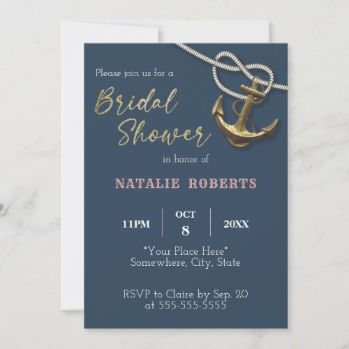 Navy Blue Nautical Gold Anchor Rope Bridal Shower  Invitation