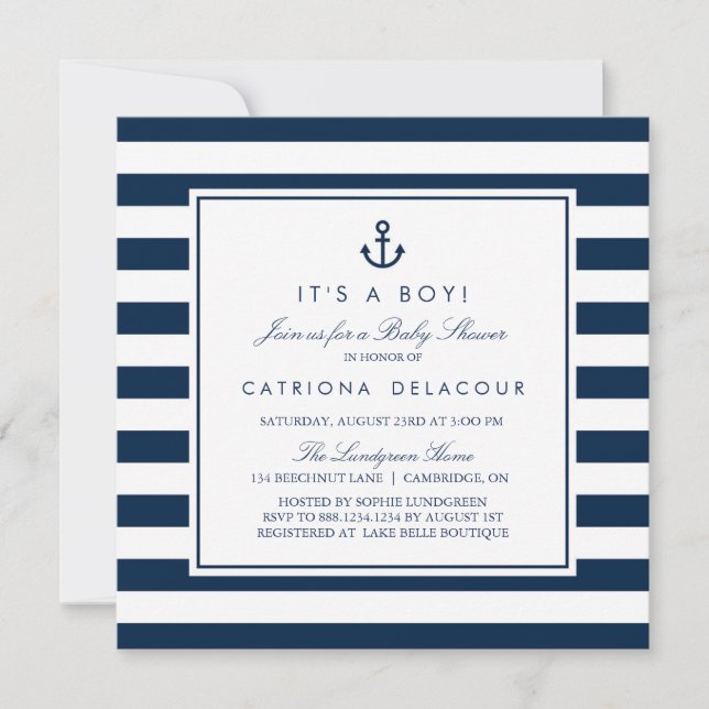 Navy Blue Nautical It's a Boy Baby Shower Invitation (Front)