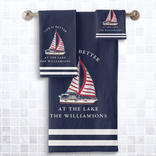 Navy Blue Nautical Life is Better at the Lake Bath Towel Set