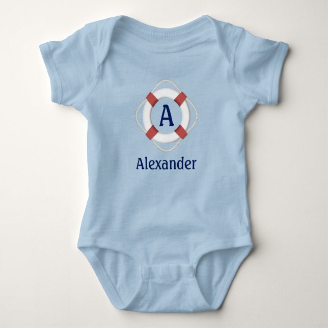Navy Blue Nautical Lifesaver Monogram Baby Bodysuit (Front)