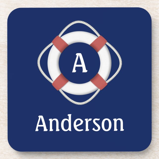 Navy Blue Nautical Lifesaver Monogram Beverage Coaster (Front)