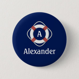 Navy Blue Nautical Lifesaver Monogram Button