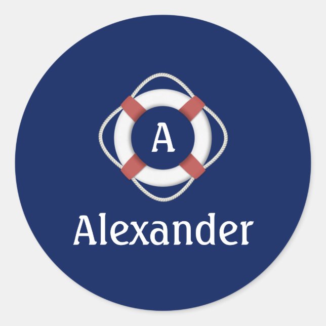 Navy Blue Nautical Lifesaver Monogram Classic Round Sticker (Front)