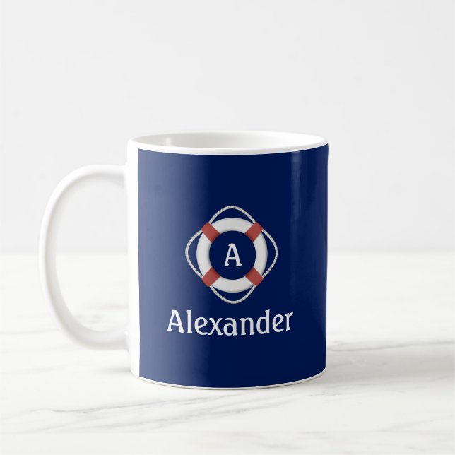 Navy Blue Nautical Lifesaver Monogram Coffee Mug (Left)