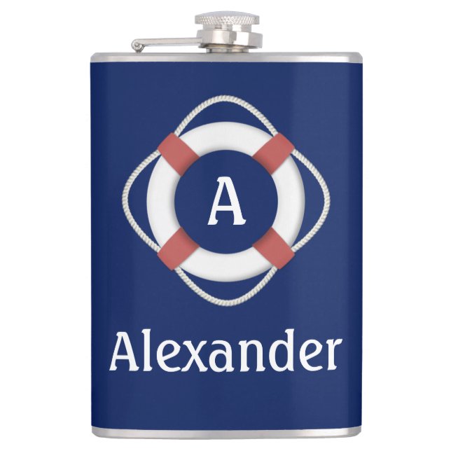 Navy Blue Nautical Lifesaver Monogram Flask (Front)