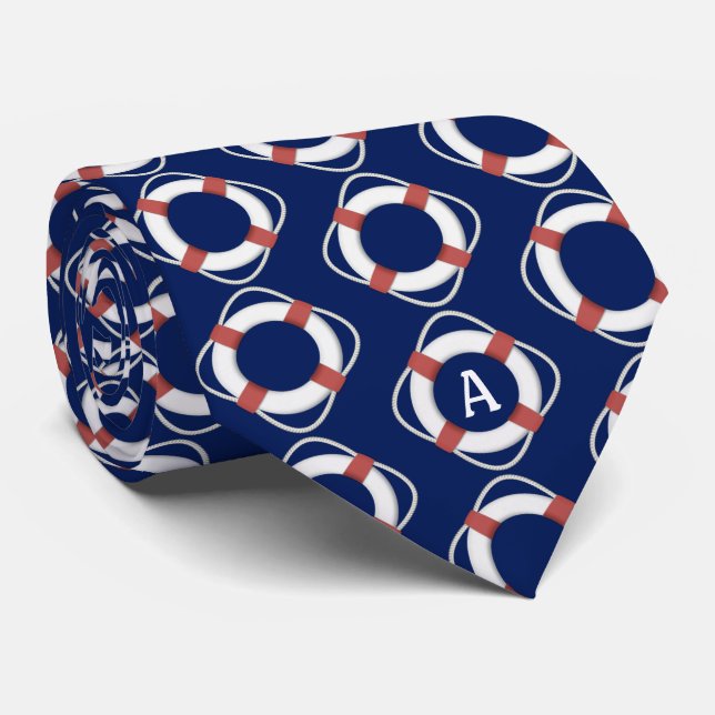 Navy Blue Nautical Lifesaver Monogram Neck Tie (Rolled)