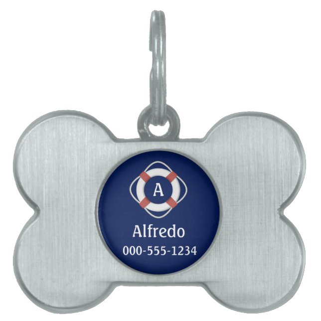 Navy Blue Nautical Lifesaver Monogram Pet ID Tag (Front)