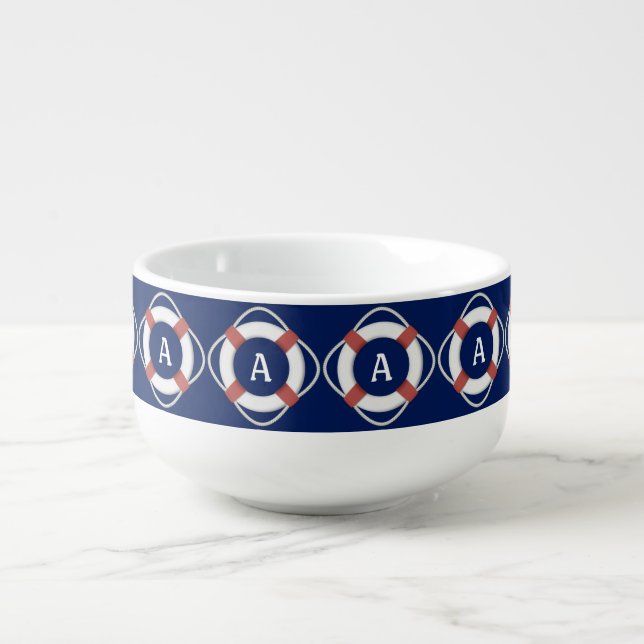 Navy Blue Nautical Lifesaver Monogram Soup Mug (Front)