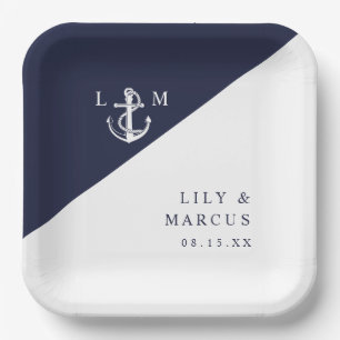 Navy Blue Nautical Minimalist Monogram Wedding Paper Plates