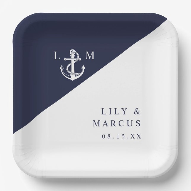 Navy Blue Nautical Minimalist Monogram Wedding Paper Plates (Front)