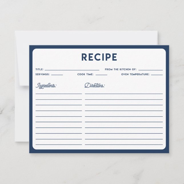 Navy Blue Nautical Modern Typography Recipe Card (Front)