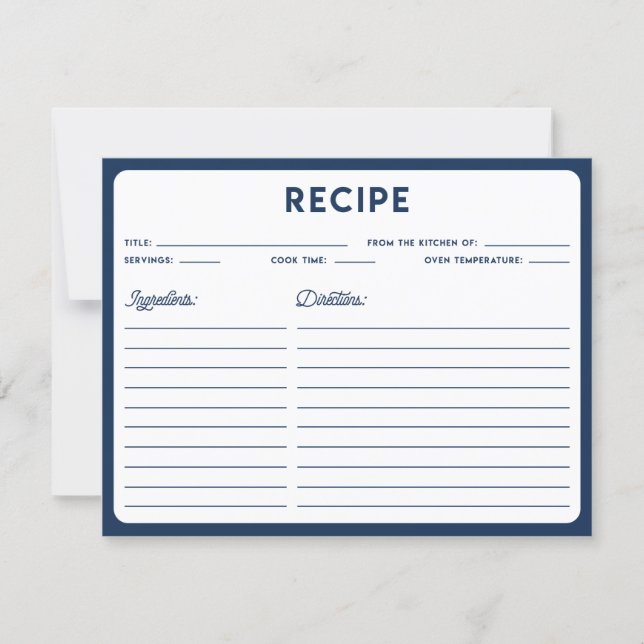 Navy Blue Nautical Modern Typography Recipe Card (Front)