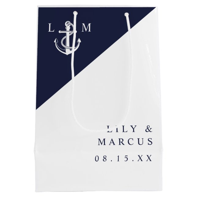 Navy Blue Nautical Mongoram Minimalist Wedding Medium Gift Bag (Back)