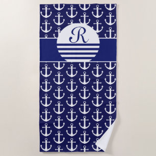 Navy Blue Nautical - Mongrammed Nautical Beach Towel
