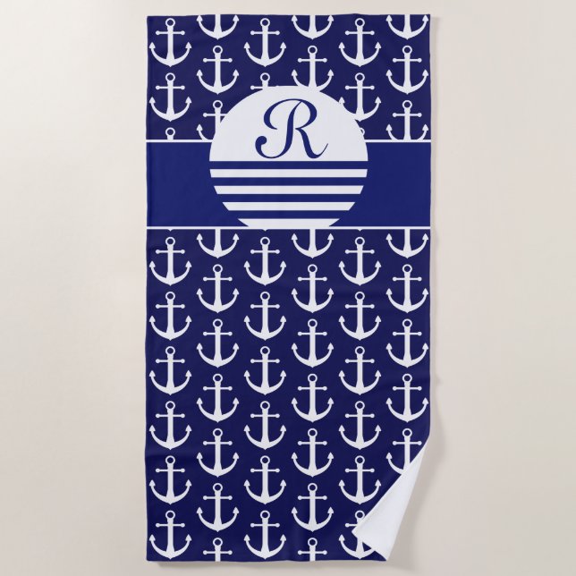 Navy Blue Nautical - Mongrammed Nautical Beach Towel (Front)