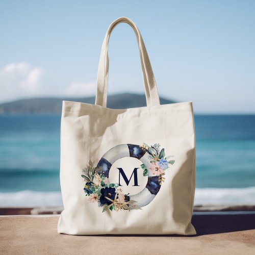 Navy Blue Nautical Monogram Floral Bridesmaid Tote Bag