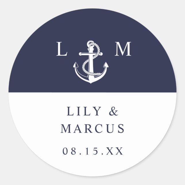Navy Blue Nautical Monogram Wedding Favor Classic Round Sticker (Front)