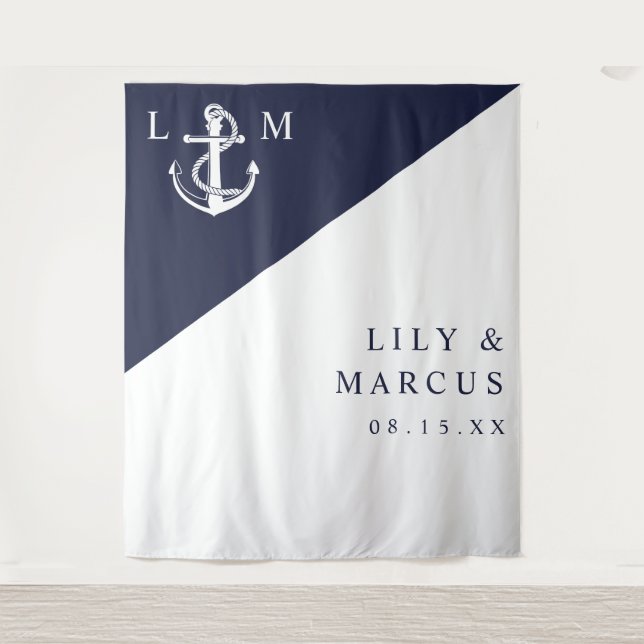 Navy Blue Nautical Monogram Wedding Photo Backdrop (Front)