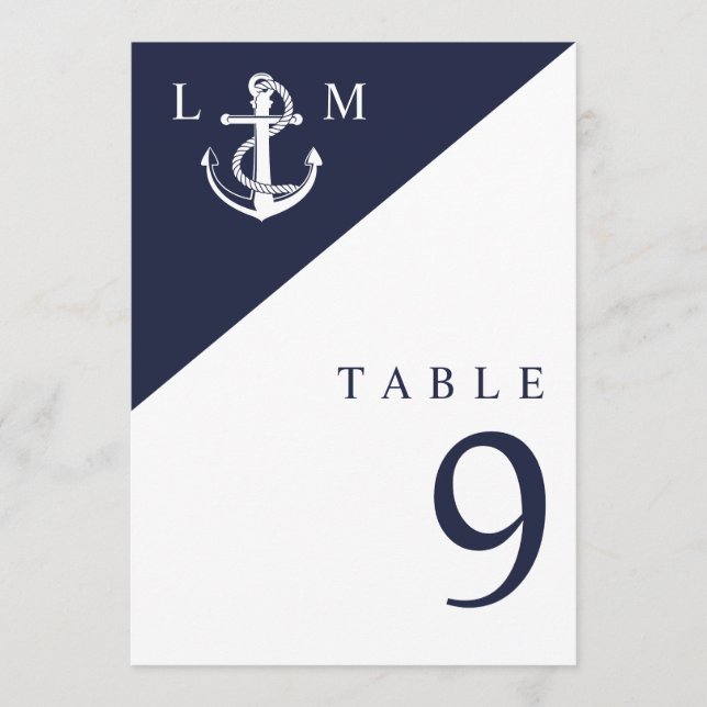 Navy Blue Nautical Monogram Wedding Table Number (Front)