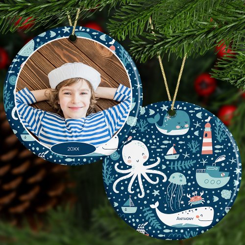 Navy Blue Nautical Ocean Boy Photo Christmas Ceramic Ornament